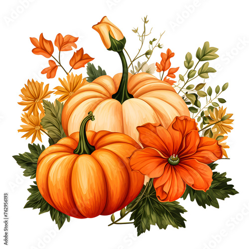 Clipart illustration pumpkins and autumn flowers leaves on white background. Suitable for crafting and digital design projects. A-0002 