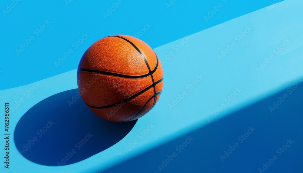 a single basketball on a blue background with copyspace