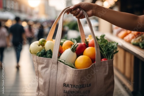 person holding reusable tote bag for shopping fruit and vegetables