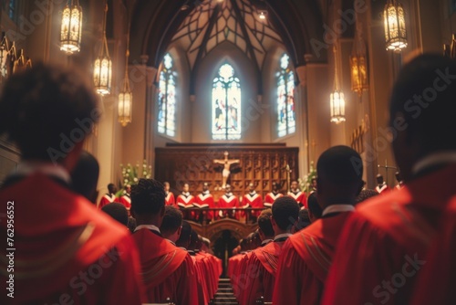 Diverse church choir singing in harmony with red robes and raised hands in worship to God. Stained glass window in background, creating a soul-stirring atmosphere of spiritual unity and devotion