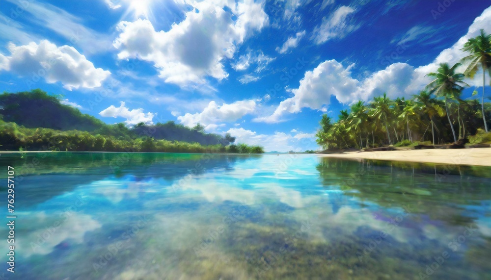 tropical island, water reflections, transparent blue water, dutch angle, sandy clean lake floor, bright blue sky, scattered clouds, noon vapor wave, Ai Generate