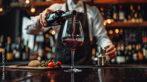 Close up of Waiter pouring red wine in a glass at restaurant.