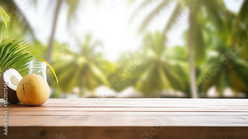 Empty wooden table with tropical beach theme in background