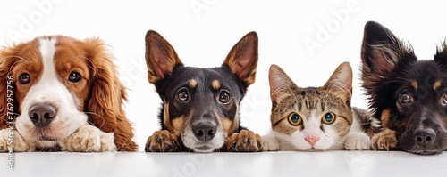 The picture of front view and close up of the multiple group of the various cat and dog in front of the bright white background that look back to the camera with the curious and interest face. AIGX03. © Summit Art Creations