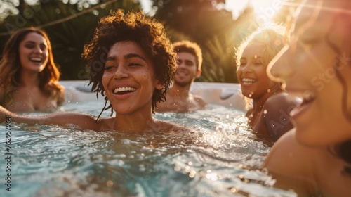 a group of friends having fun in a jacuzzi during summer