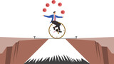 Businessman juggling balls and riding unicycle with time clock tire on a rope, concept about multi-tasking and time management