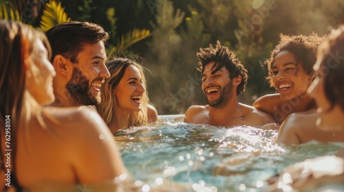 a group of friends having fun in a jacuzzi during summer