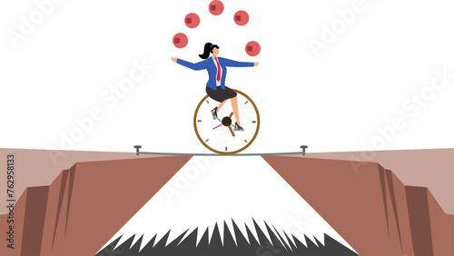 Businesswoman juggling balls and riding unicycle with time clock tire on a rope, concept about multi-tasking and time management