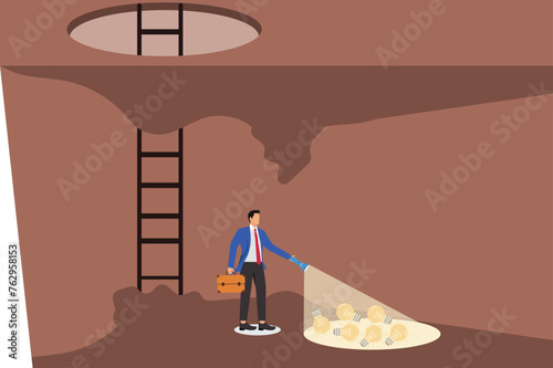 Businessman shines a flashlight and finds a big idea light bulb