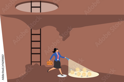 Businesswoman shines a flashlight and finds a big idea light bulb