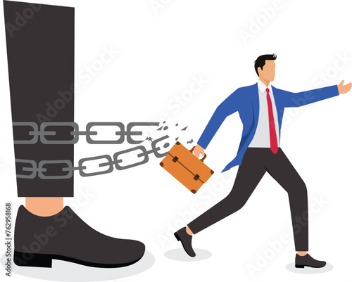 Small Businessman escaping from the big foot