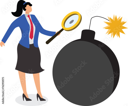 Businesswoman man, politician with a magnifying glass and a bomb with no fear