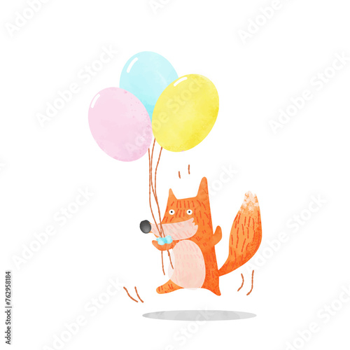 Cute cartoon red fox with balloons. Hand drawn watercolor illustration.