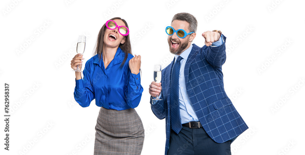 Businesspeople have fun together in corporate party. Celebrate especial event. Corporate anniversary party. Business partners celebrating success cheering champagne. Party fun