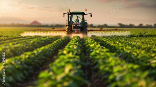Beautiful Aerial Landscape View of Green Tractor Applying Pesticides to Lush Soybean Field at Golden Hour Sunset with Vibrant Colors and Dramatic Sky in Rural Farm Setting