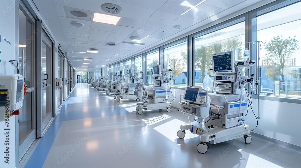 A fully equipped Intensive Care Unit (ICU) showcasing numerous medical monitors and advanced life support equipment to care for critical patients. A fully equipped Intensive Care Unit (ICU) showcasing numerous medical monitors and advanced life support equipment to care for critical patients.