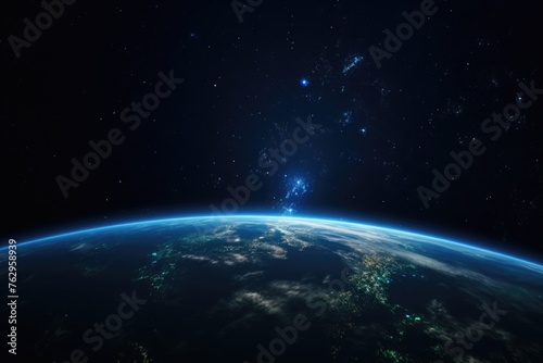 Planet Earth from space with starry sky.