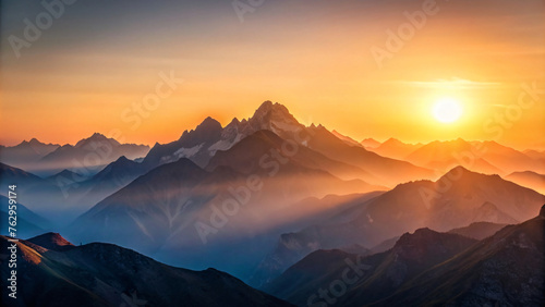 Mountain Sunrise/Sunset: A breathtaking view of the mountains bathed in the warm glow of dawn/dusk, with the sky painted in hues of orange and clouds drifting lazily overhead © Uncle-Ice
