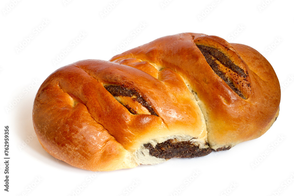 Sweet bun with poppy seeds on white background. Butter bread roll with filling.