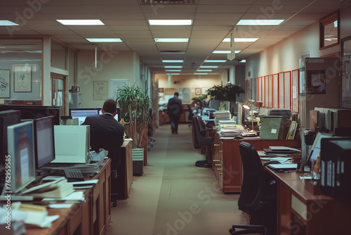 An individual focused on computer work in a cluttered and busy office environment  surrounded by various office supplies and equipment.