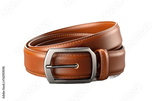 Brown Leather Belt With Metal Buckle. On a White or Clear Surface PNG Transparent Background..