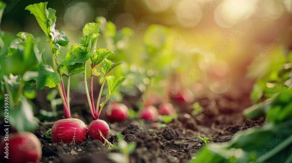 Fresh radishes growing in soil. Agricultural field close-up.
