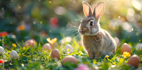 Happy Easter  Cute Easter bunny in a meadow with nature and Easter eggs  perfect for greetings and presents on Easter day.