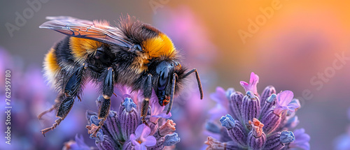 Macro shot of bumblebee on lavender flower
