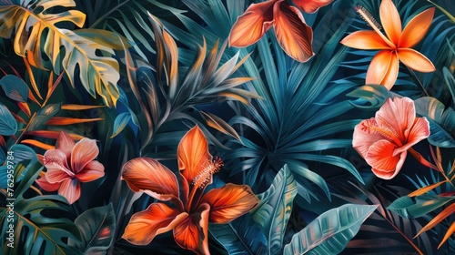 Colorful tropical flowers and green leaves illustration.