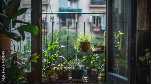 Assortment of potted plants on a balcony railing with city view.