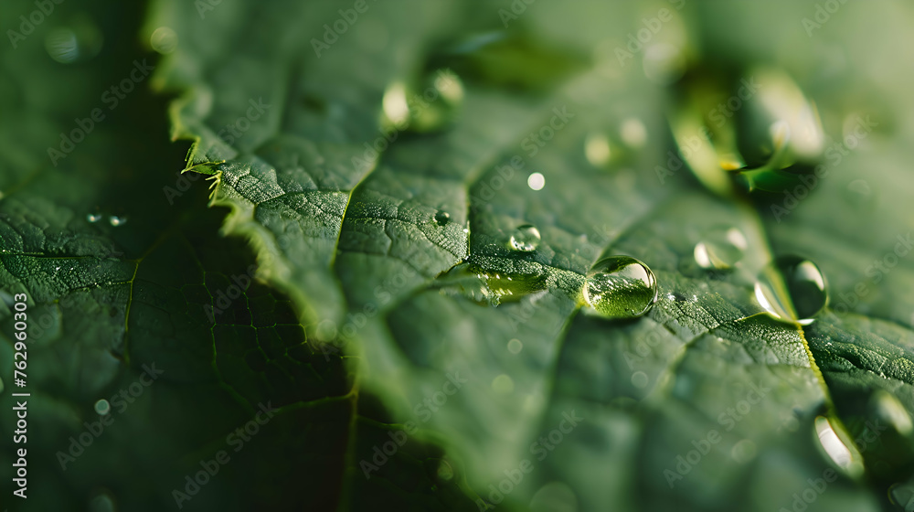 Macro 4X of water drops on a green leaf Macro 4X of water drops on a green leaf