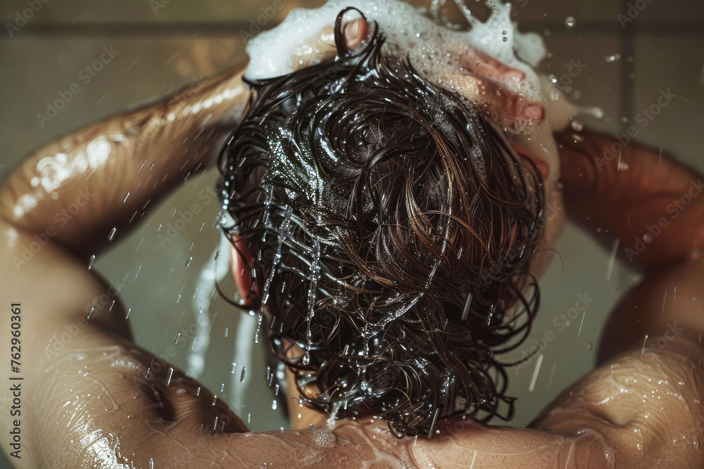 A man washing his hair with a shampoo, back view. AI generative - obrazy, fototapety, plakaty 