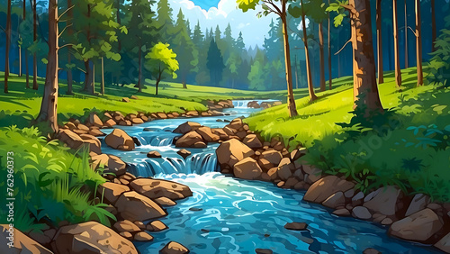 An outskirt of forest, blue sky, a small stream flowing, 2d art background photo