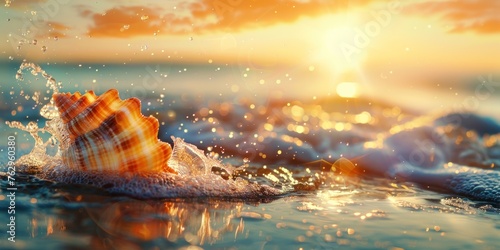 Close-up view of a delicate seashell resting on the sandy shore with the mesmerizing sight of the sun gently setting in the horizon, creating a breathtaking and serene moment in nature