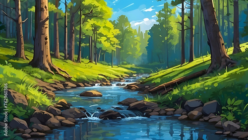An outskirt of forest, blue sky, a small stream flowing, 2d art background photo