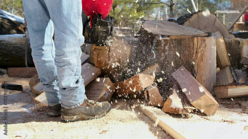 Slow motion while using chainsaw to cut slabs of oak into smaller pieces sending shavings toward camera while preparing firewood for winter season. Slow motion while using chainsaw to cut slabs of oak into smaller pieces sending shavings toward camera while preparing firewood for winter season.
