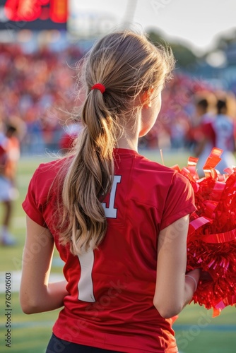 Rear view of a cheerleader with red pom-poms at a football game.