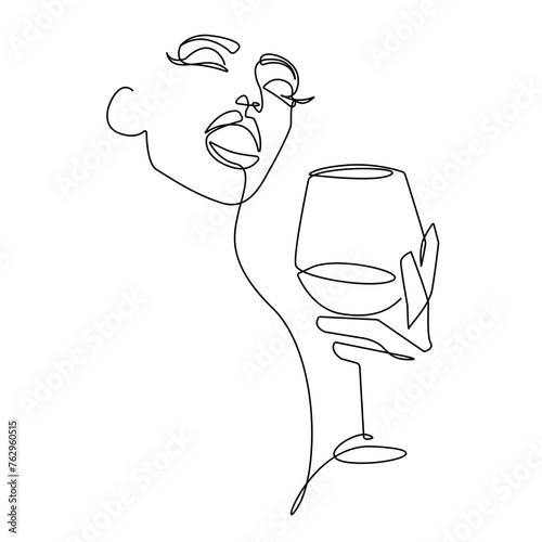 Woman with Wine Glass Continuous One Line Drawing. Woman with Wine Minimalist Illustration. Female Minimal Sketch Drawing. Abstract Single Line, Home Decor, Wall Art. Vector EPS 10