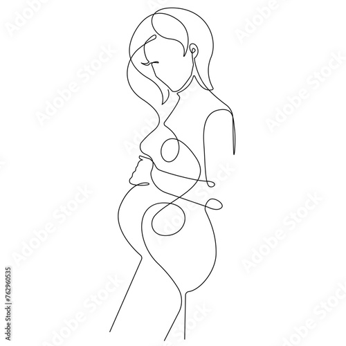 Trendy Line Art Drawing of Pregnant Woman Silhouette. Pregnancy Woman Abstract Minimal Black Lines Drawing. Female Silhouette for Modern Scandinavian Design. Happy Mother`s Day Vector Illustration.