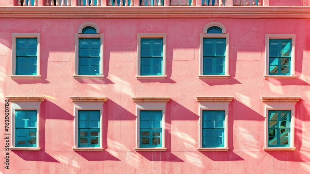 Pink building facade with turquoise windows in a symmetrical pattern.