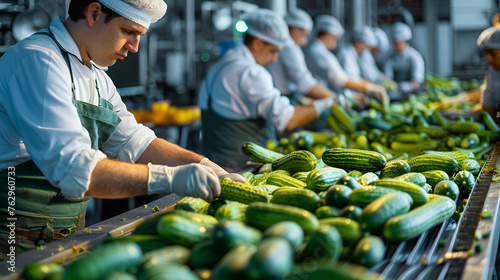 Cucumber or gherkins in food processing factory, Women working, classify and control the processing of small cucumbers on conveyor belt in food factory, Close up, indoors footage,