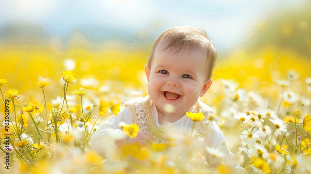 Adorable baby with a big smile enjoying playtime in a sunny field of yellow flowers. Adorable baby with a big smile enjoying playtime in a sunny field of yellow flowers.