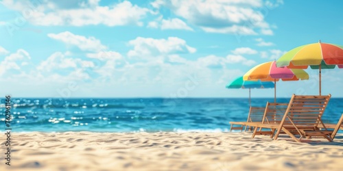 Two vibrant beach umbrellas casting shade over wooden chairs on a sunny sandy beach with a clear blue sky.