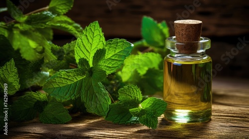 Peppermint essential oil in a small bottle with fresh green mint. Alternative medicine. Aromatherapy.