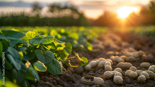 Evening peanuts plantation with sunshine and smart technology, industrial agriculture, Generative AI photo