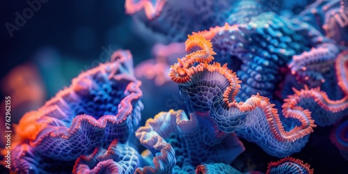 Vibrant marine corals with blue and yellow zoanthids in a reef aquarium. photo