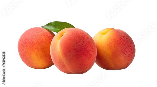 Three Fresh Peaches With a Leaf on White Background. On a White or Clear Surface PNG Transparent Background..