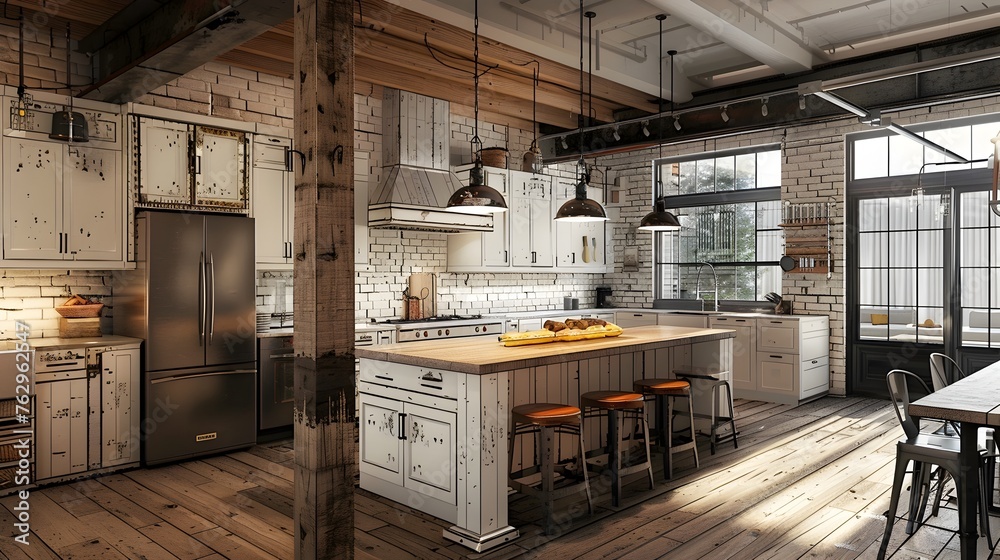 Spacious Industrial Kitchen Design with Reclaimed White Wood Cabinetry and Professional-Grade Appliances