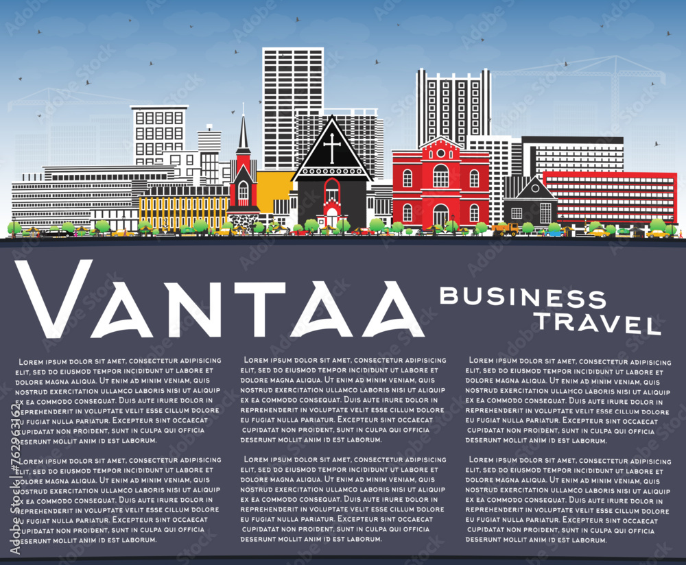 Vantaa Finland city skyline with color buildings, blue sky and copy space. Vantaa cityscape with landmarks. Travel and tourism concept with modern and historic architecture.