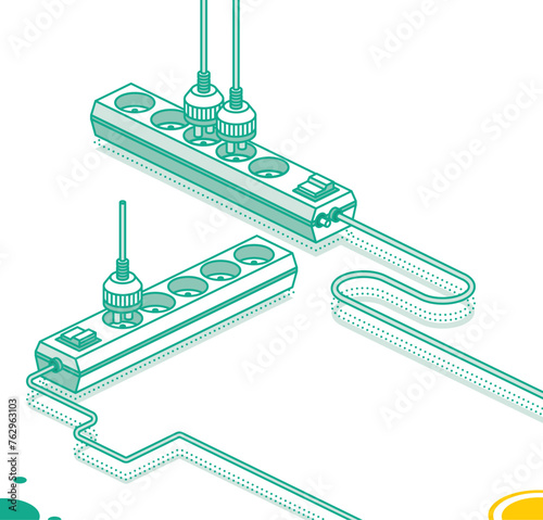 Modern electric extension cord with plug. Electrical power socket strip. Isometric outline concept. Two objects. Powerboard with five slots.
